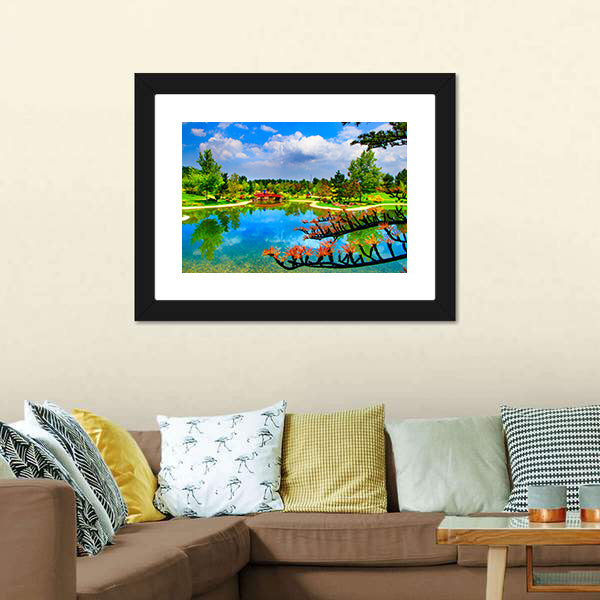 Red Bridge and Reflections in Japanese Garden Canvas Wall Art