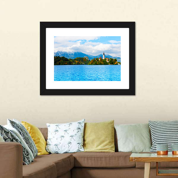 Church And Bled Lake Canvas Wall Art-3 Horizontal-Gallery Wrap-25" x 16"-Tiaracle