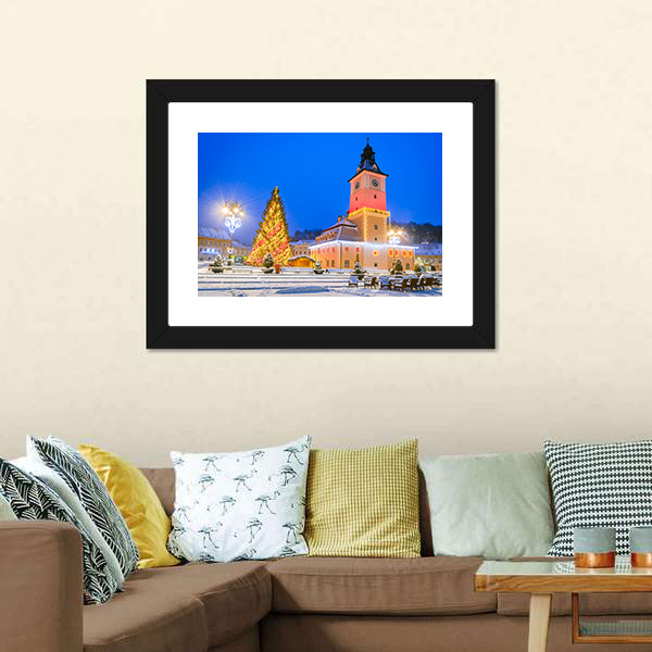 Christmas Market In Brasov Main Square Canvas Wall Art-5 Horizontal-Gallery Wrap-22" x 12"-Tiaracle