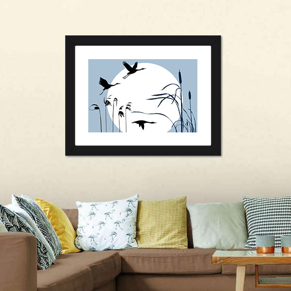 Three Flying Birds Silhouette with Moon Canvas Wall Art