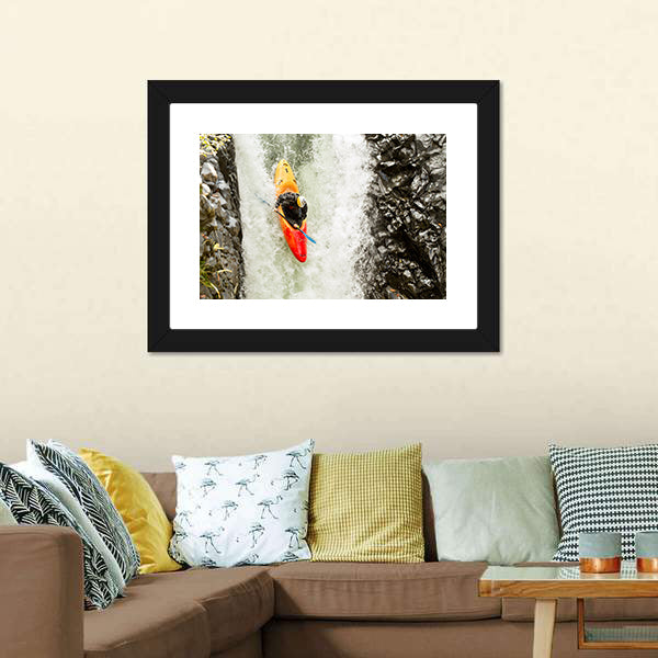 Adventurous Kayaker Navigating Waterfall Canvas Wall Art
