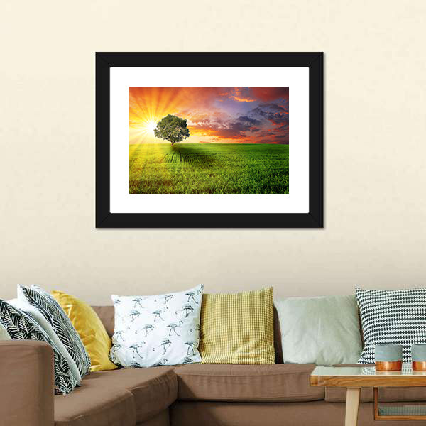 Alone Tree On Green Meadow Canvas Wall Art-5 Horizontal-Gallery Wrap-22" x 12"-Tiaracle