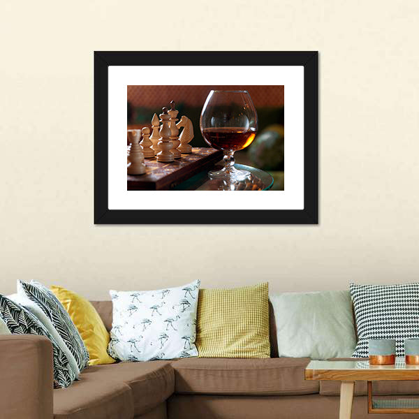 Chess Board And Chess Pieces With Wine Canvas Wall Art-5 Horizontal-Gallery Wrap-22&quot; x 12&quot;-Tiaracle