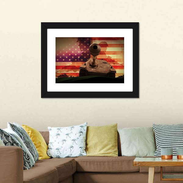 Soldier Silhouette with Tank and American Flag Canvas Wall Art