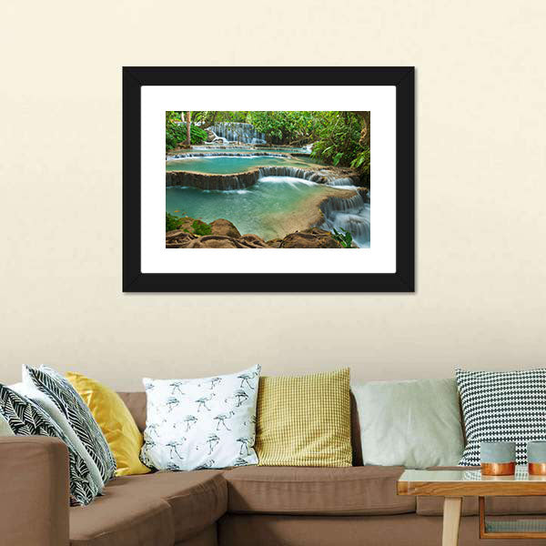 Kuang Si Waterfall Canvas Wall Art-5 Horizontal-Gallery Wrap-22" x 12"-Tiaracle