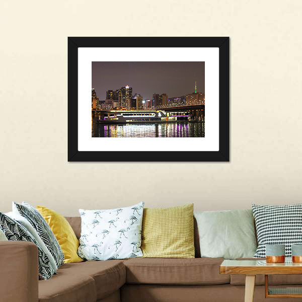 Night City Skyline with Bridge Reflection Canvas Wall Art