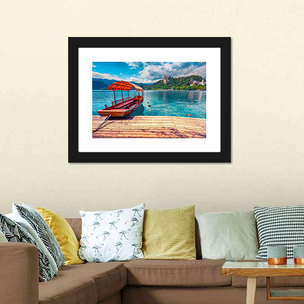 Boat on Lake with Castle and Mountains Canvas Wall Art