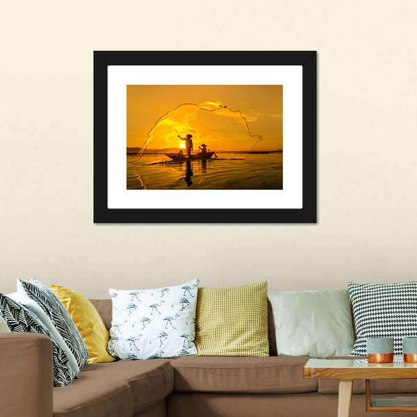 Fisherman Of Bangpra Lake In Thailand Canvas Wall Art-5 Horizontal-Gallery Wrap-22" x 12"-Tiaracle