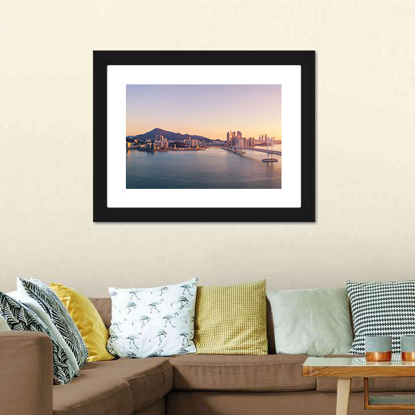 Aerial City Bridge at Sunset Canvas Wall Art