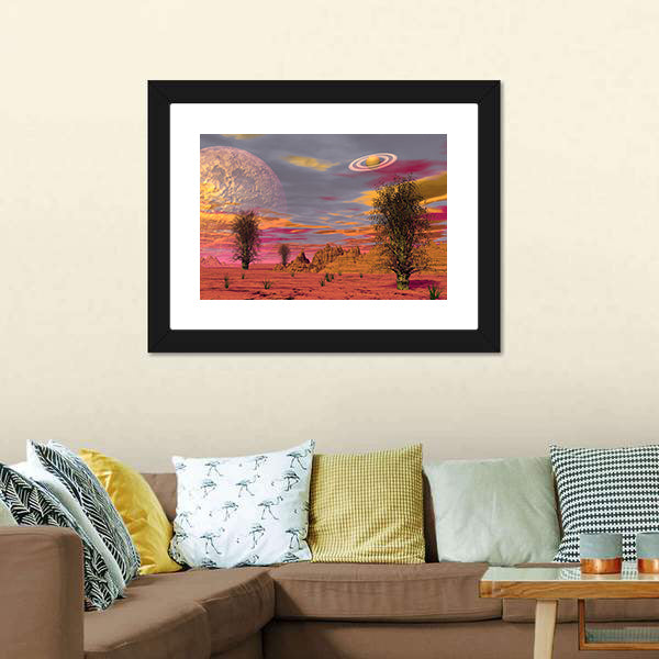 Alien Desert with Ringed Planet and Large Moon Canvas Wall Art