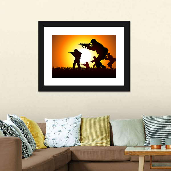 Soldiers Silhouette at Sunset Canvas Wall Art