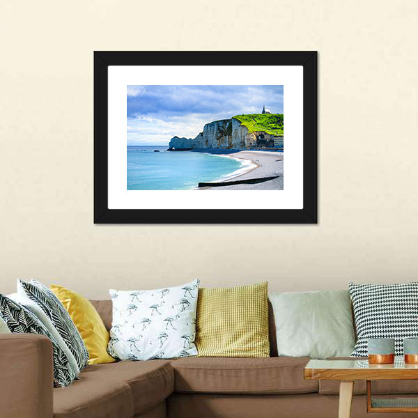Etretat Cliff And Church Landmark And Its Beach On Morning Canvas Wall Art-5 Horizontal-Gallery Wrap-22" x 12"-Tiaracle