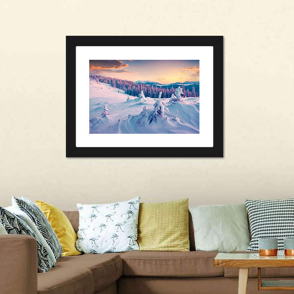Colorful Winter Sunrise In The Mountains Canvas Wall Art-5 Horizontal-Gallery Wrap-22" x 12"-Tiaracle