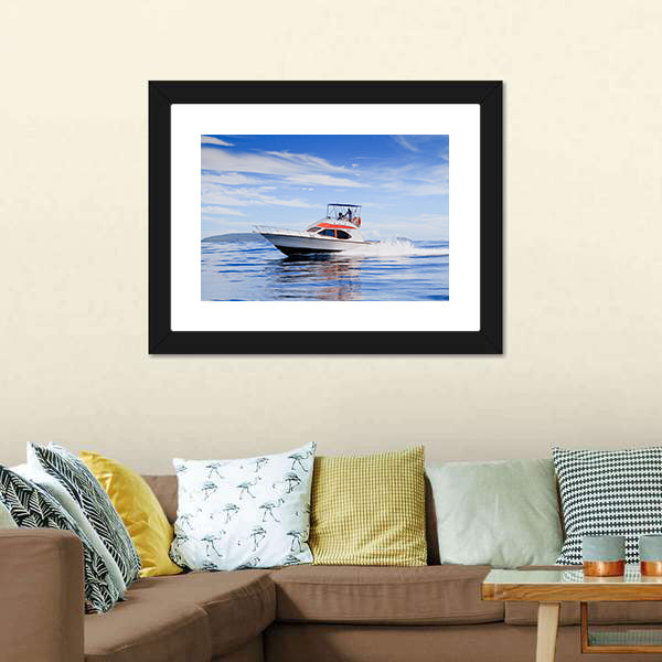 Motorboat In Ocean Canvas Wall Art-5 Horizontal-Gallery Wrap-22" x 12"-Tiaracle