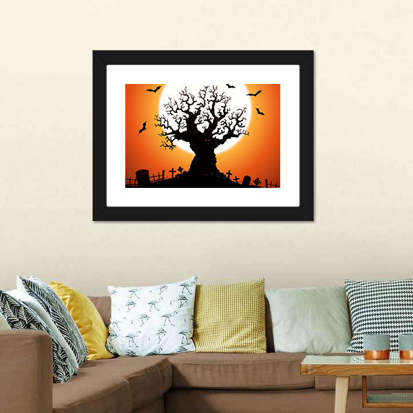 Gnarled Tree and Graveyard at Full Moon Canvas Wall Art