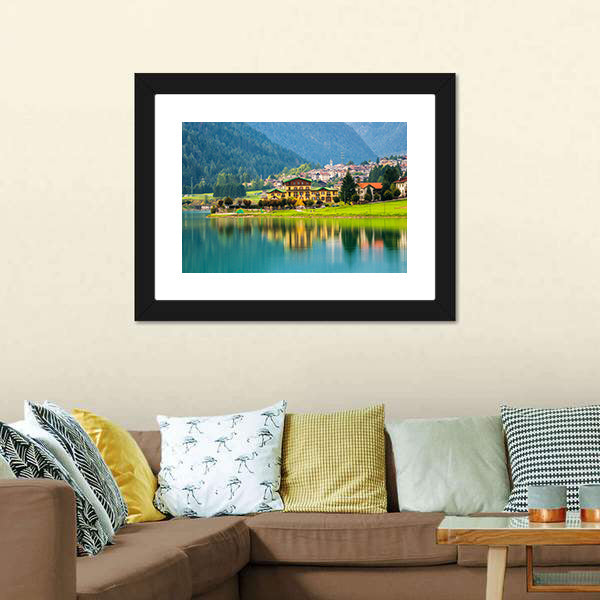 Lake Auronzo with Village Reflection Canvas Wall Art