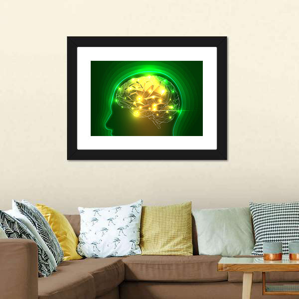 Wireframe Head with Glowing Polygonal Brain Canvas Wall Art