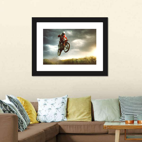 Biker Making A Stunt And Jumps In The Air Canvas Wall Art-5 Horizontal-Gallery Wrap-22" x 12"-Tiaracle