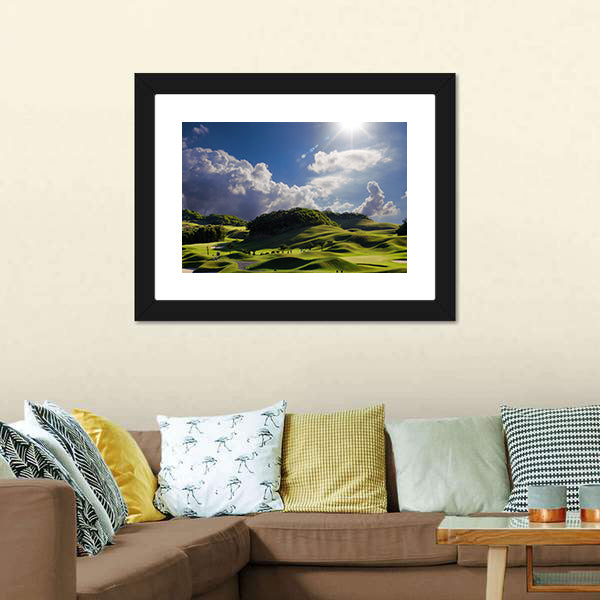 Sunlit Golf Course Over Rolling Hills Canvas Wall Art