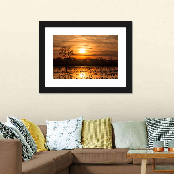 Lake Near Forest At Sunset Canvas Wall Art