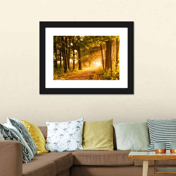 Misty Footpath In Forest Canvas Wall Art-5 Horizontal-Gallery Wrap-22" x 12"-Tiaracle