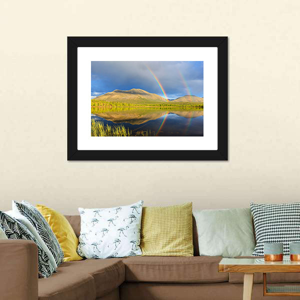 Double Rainbow Over Lake And Mountains Canvas Wall Art-3 Horizontal-Gallery Wrap-25" x 16"-Tiaracle