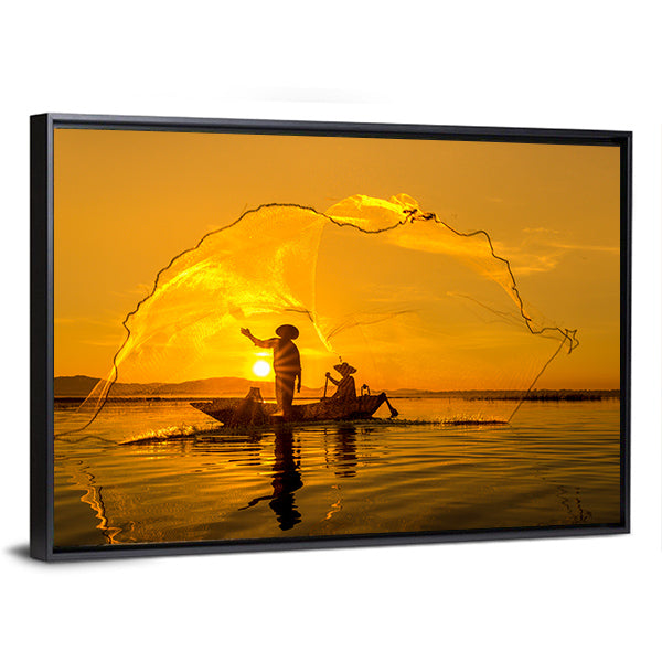 Fisherman Of Bangpra Lake In Thailand Canvas Wall Art-1 Piece-Floating Frame-36" x 24"-Tiaracle