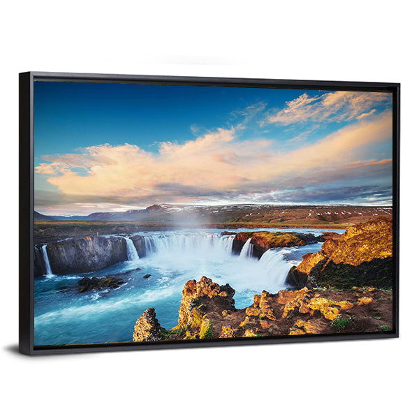 Godafoss Waterfall At Sunset Canvas Wall Art-1 Piece-Floating Frame-36" x 24"-Tiaracle