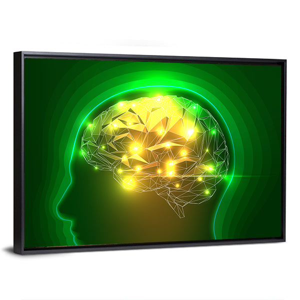 Wireframe Head with Glowing Polygonal Brain Canvas Wall Art