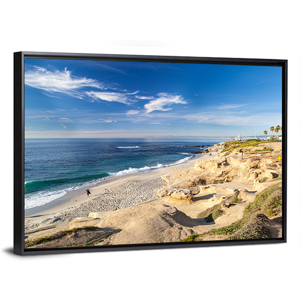 La Jolla Cove Beach California Canvas Wall Art in white, beige and blue, framed canvas, product view on a white background