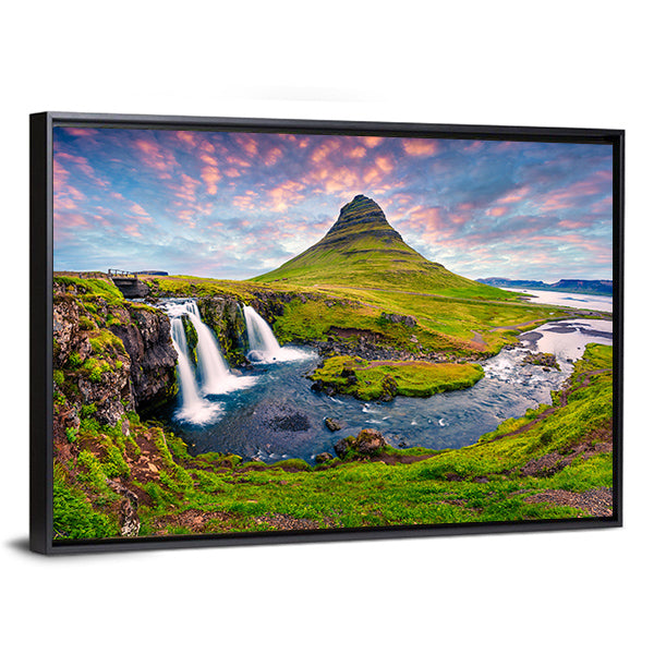 Kirkjufellsfoss Waterfall Canvas Wall Art-1 Piece-Floating Frame-36" x 24"-Tiaracle