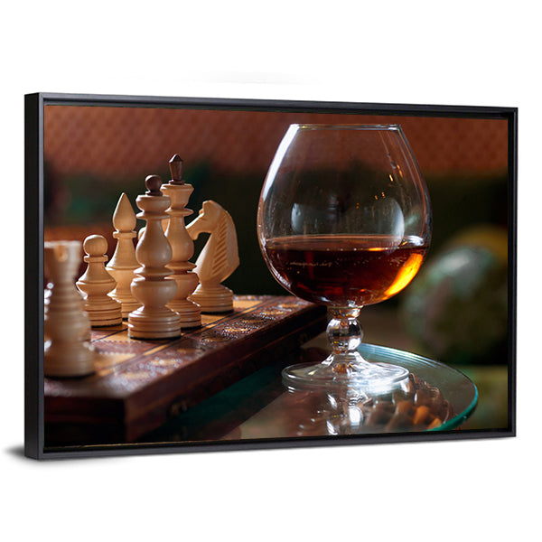 Chess Board And Chess Pieces With Wine Canvas Wall Art-1 Piece-Floating Frame-36" x 24"-Tiaracle