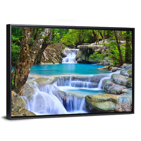 Erawan Waterfall in Kanchanaburi Canvas Wall Art in gray, green and blue, framed canvas, product view on a white background