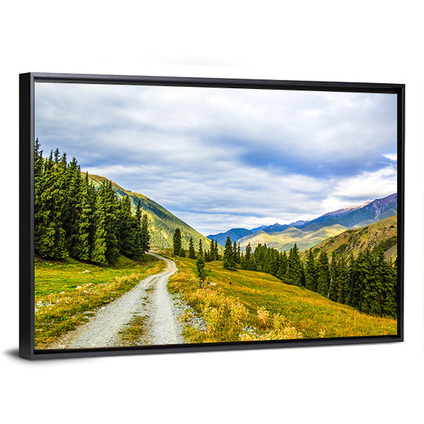 Mountain Road & Landscape Canvas Wall Art in gray, green and blue, framed canvas, product view on a white background