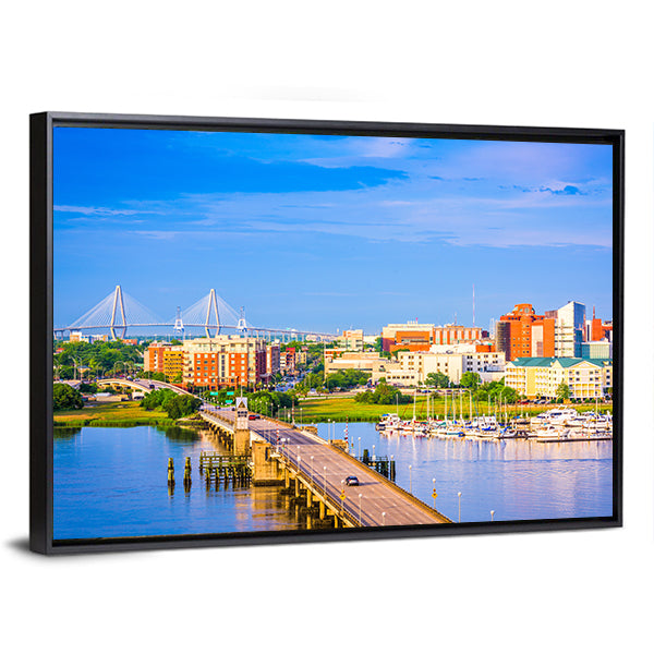 Charleston Skyline & Ashley River Canvas Wall Art-1 Piece-Floating Frame-36" x 24"-Tiaracle