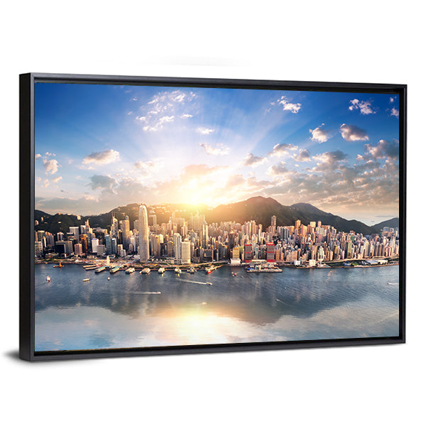 Hong Kong Skyline at Sunset Canvas Wall Art in orange, yellow and blue, framed canvas, product view on a white background