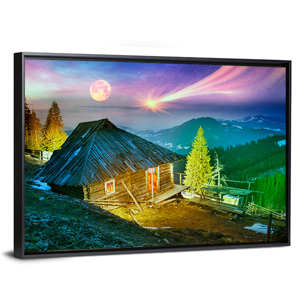 Mountain Cabin Beneath Aurora Borealis Canvas Wall Art