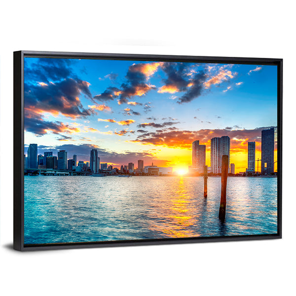 Miami City Skyline Canvas Wall Art-1 Piece-Floating Frame-36" x 24"-Tiaracle