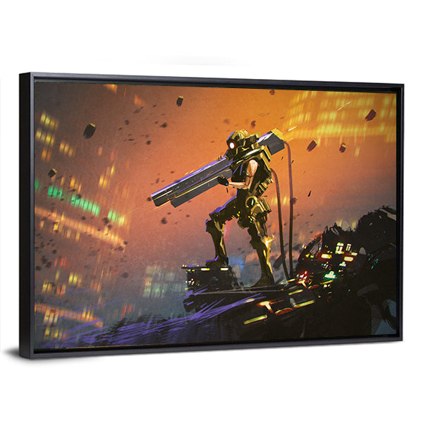 Futuristic Soldier With Gun Canvas Wall Art-1 Piece-Floating Frame-24" x 16"-Tiaracle
