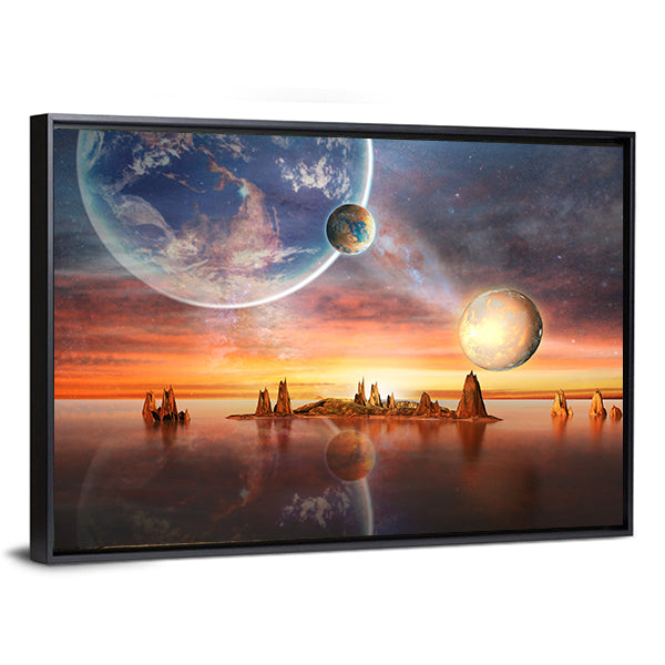 Alien Planet with Multiple Moons at Dusk Canvas Wall Art