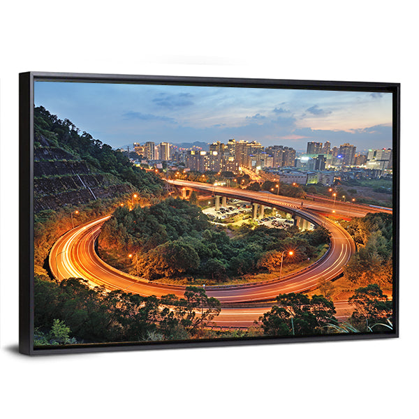 City Interchange At Night Canvas Wall Art-1 Piece-Floating Frame-36" x 24"-Tiaracle