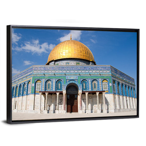 Dome of the Rock, Jerusalem Canvas Wall Art in beige, gold and blue, framed canvas, product view on a white background