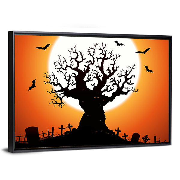 Gnarled Tree and Graveyard at Full Moon Canvas Wall Art in black, orange and yellow, framed canvas, product view on a white background