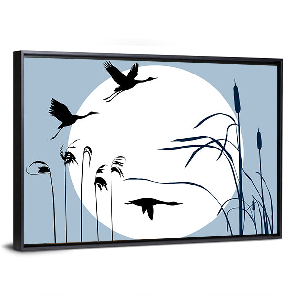 Three Flying Birds Silhouette with Moon Canvas Wall Art