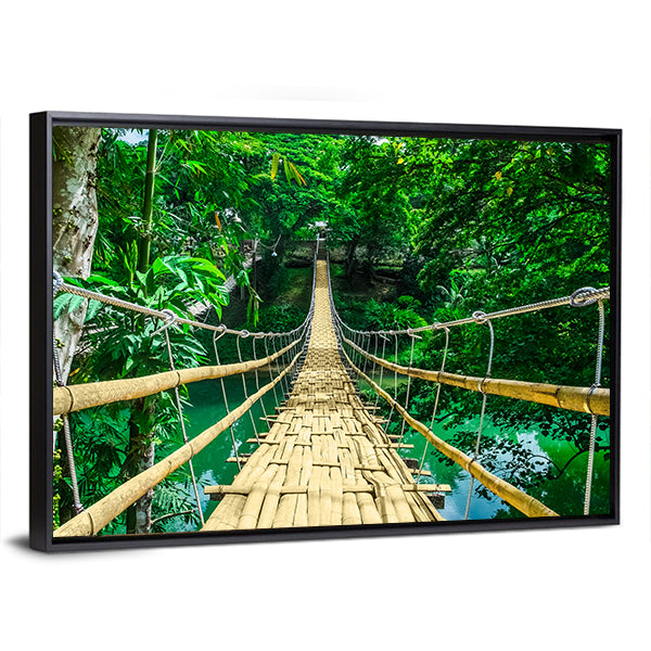 Bamboo Suspension Bridge Canvas Wall Art in brown and green, framed canvas, product view on a white background