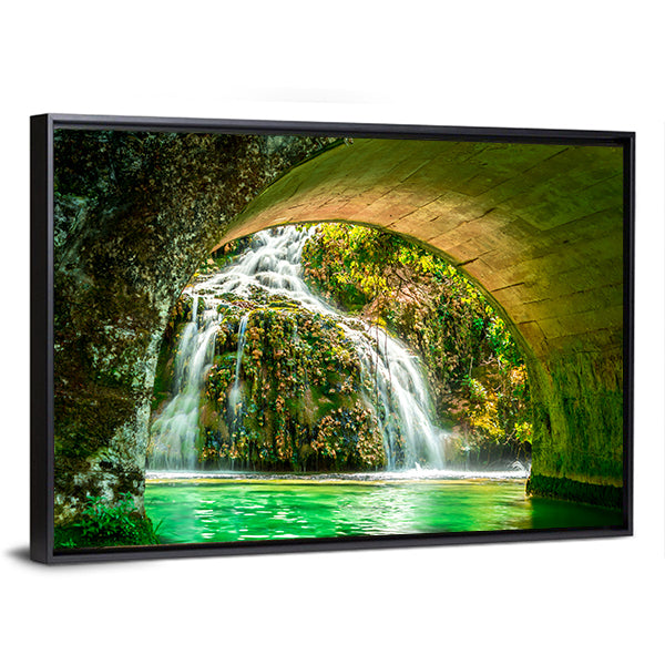 Cascade Of Orbaneja Del Castillo In Spring Canvas Wall Art-1 Piece-Floating Frame-24" x 16"-Tiaracle