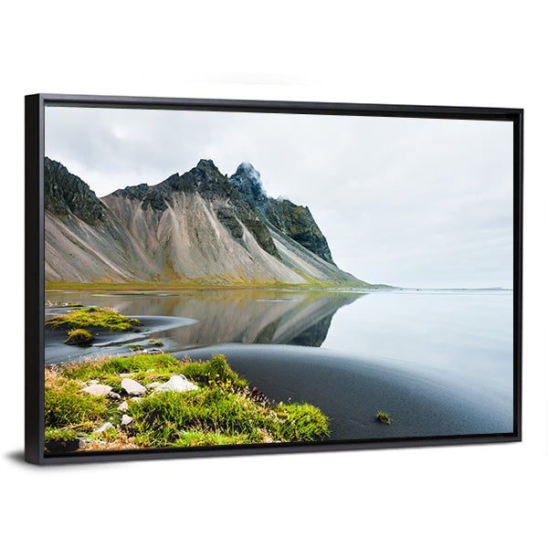 Mountain Reflection On Shore Canvas Wall Art-1 Piece-Floating Frame-24" x 16"-Tiaracle