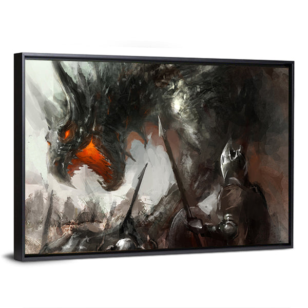 Knights Hunting Dragon Canvas Wall Art in black, gray and brown, framed canvas, product view on a white background