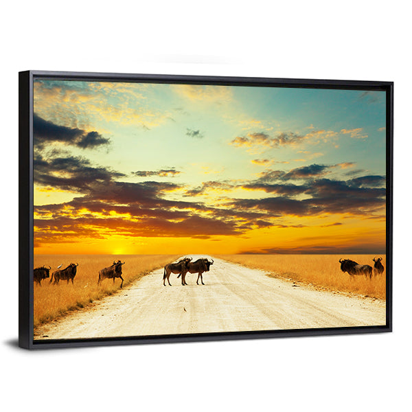Antelope Gnu Crowd Canvas Wall Art-1 Piece-Floating Frame-36&quot; x 24&quot;-Tiaracle
