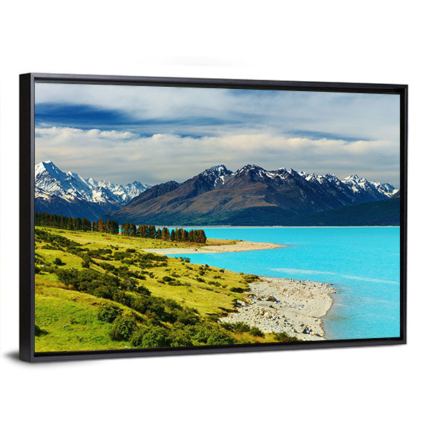 Mount Cook And Pukaki Lake Canvas Wall Art-1 Piece-Floating Frame-36" x 24"-Tiaracle